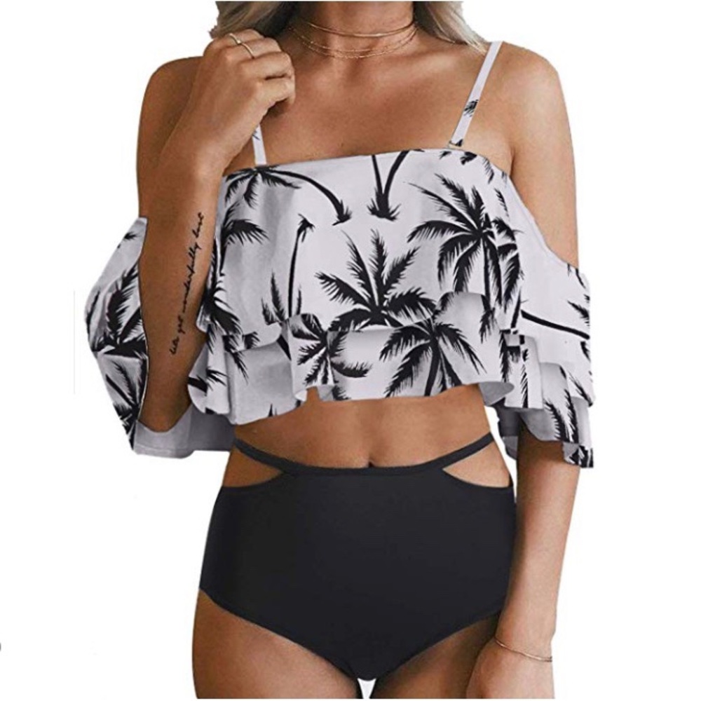 High Waisted Off Shoulder Ruffled Two Piece Bikini